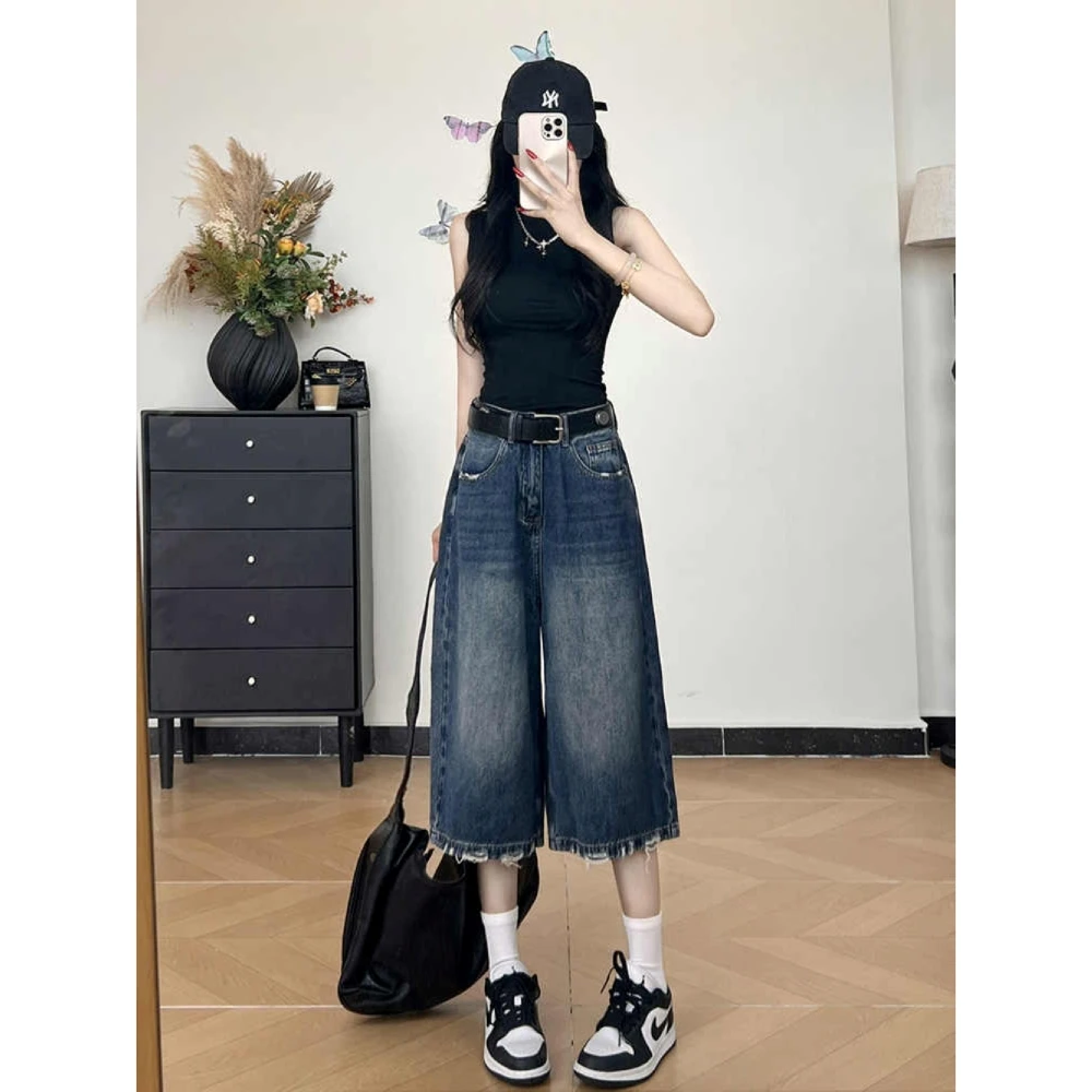 美式复古磨破宽松七分牛仔裤女2025夏季薄款高腰松弛感休闲汽水裤