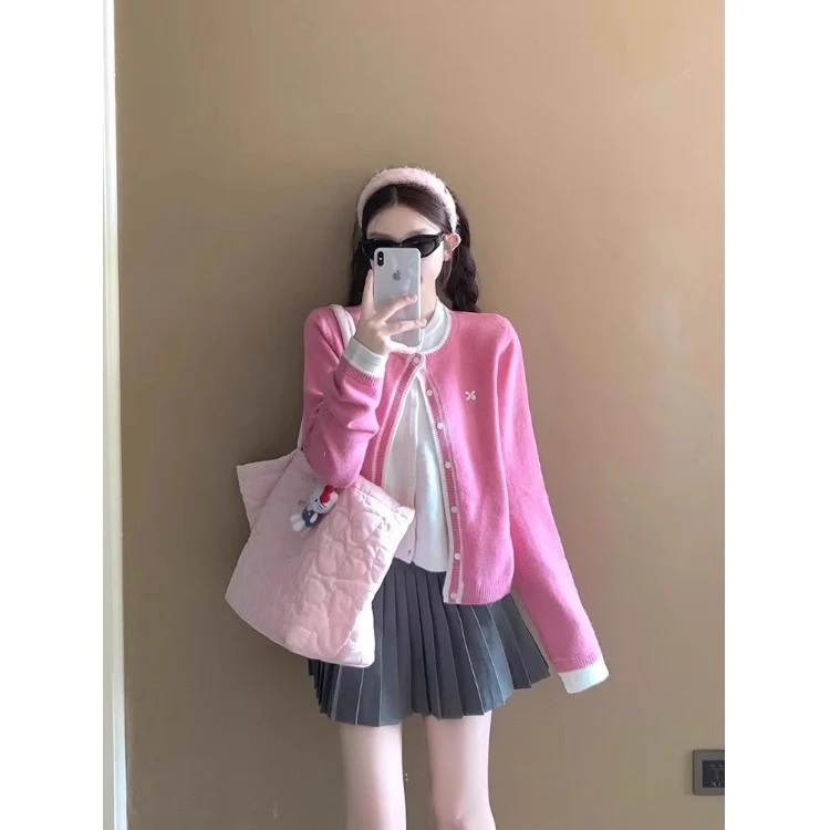 假两件刺绣针织开衫上衣女设计感小众毛衣外套宽松拼接长袖2024冬