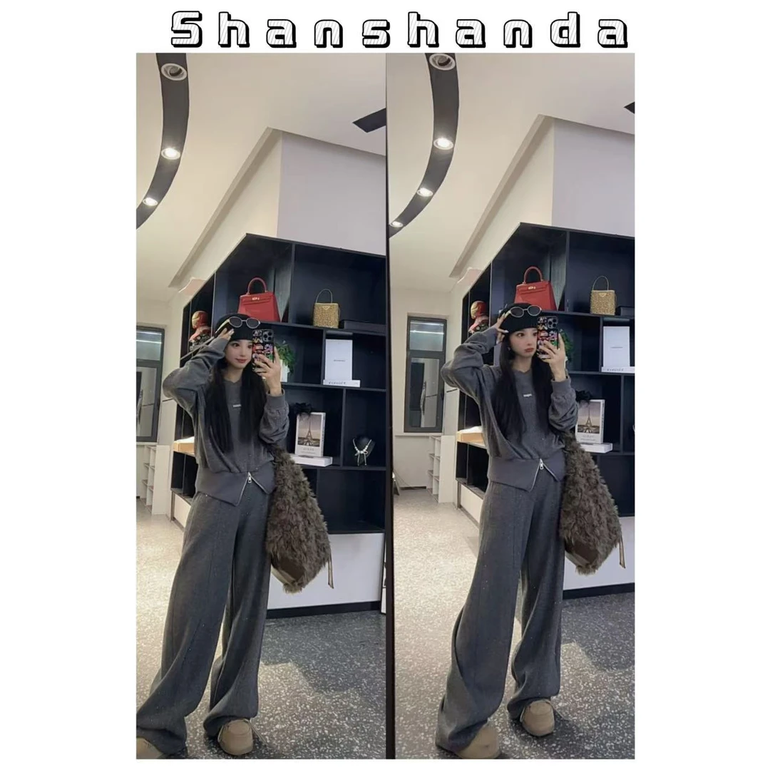 烫钻加绒套装女2025冬季新款圆领拉链卫衣+高腰长裤两件套装6022