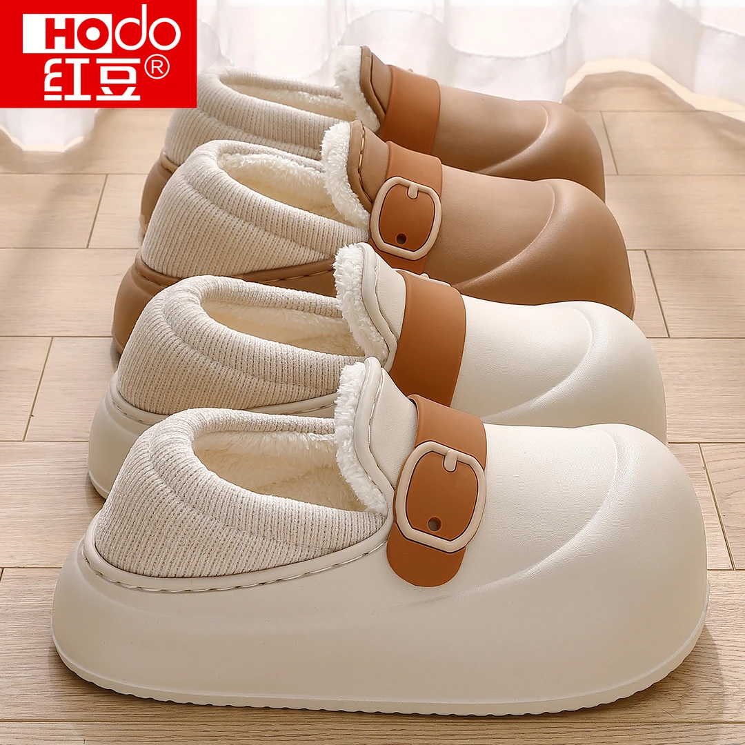 红豆毛毛拖鞋女士时尚防水精致2025款秋冬季包跟保暖防滑厚底棉拖