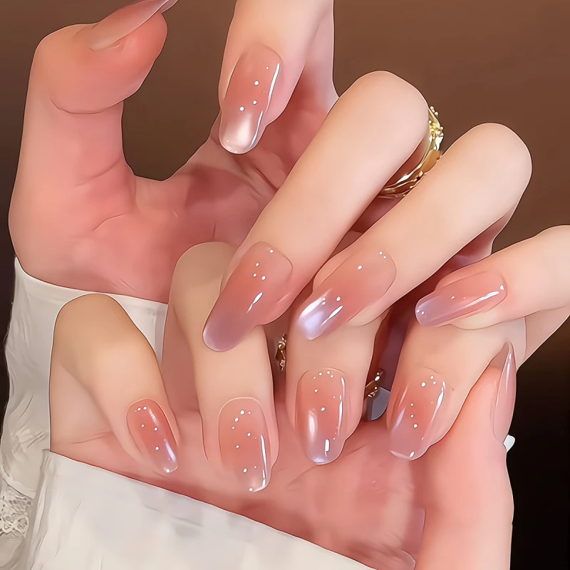 纯手工穿戴甲ins风温柔紫色渐变玻璃珠爆闪气质显白椭圆美甲贴片