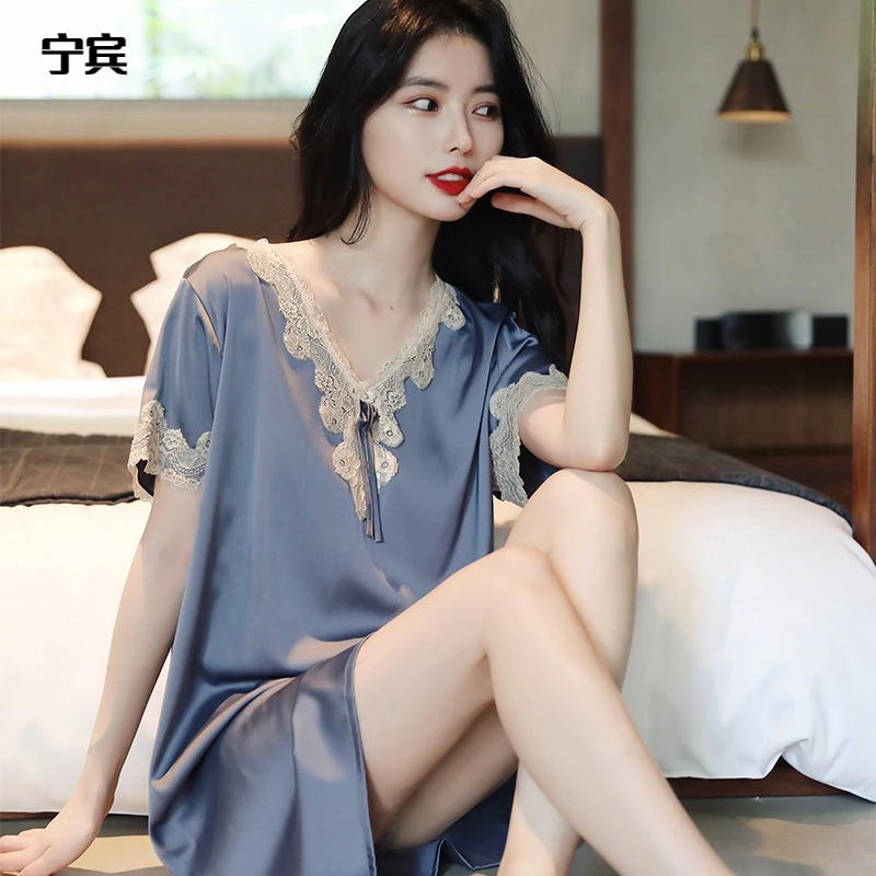 维多利亚睡裙女士夏季冰丝短袖睡衣性感薄款V领蕾丝睡袍家居服潮