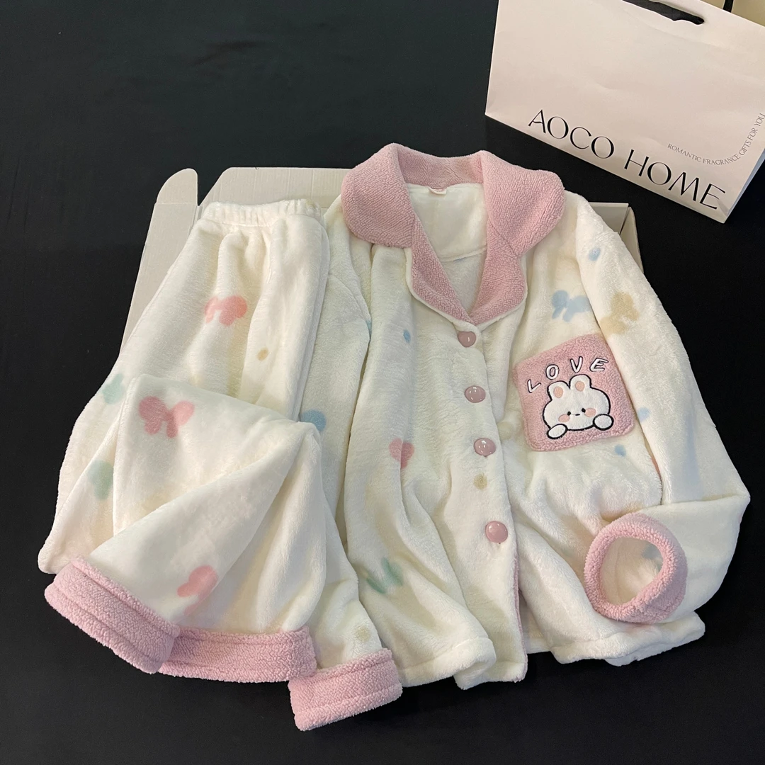 睡衣女士秋冬季珊瑚绒大码加厚可外穿法兰绒蝴蝶兔套装冬天家居服