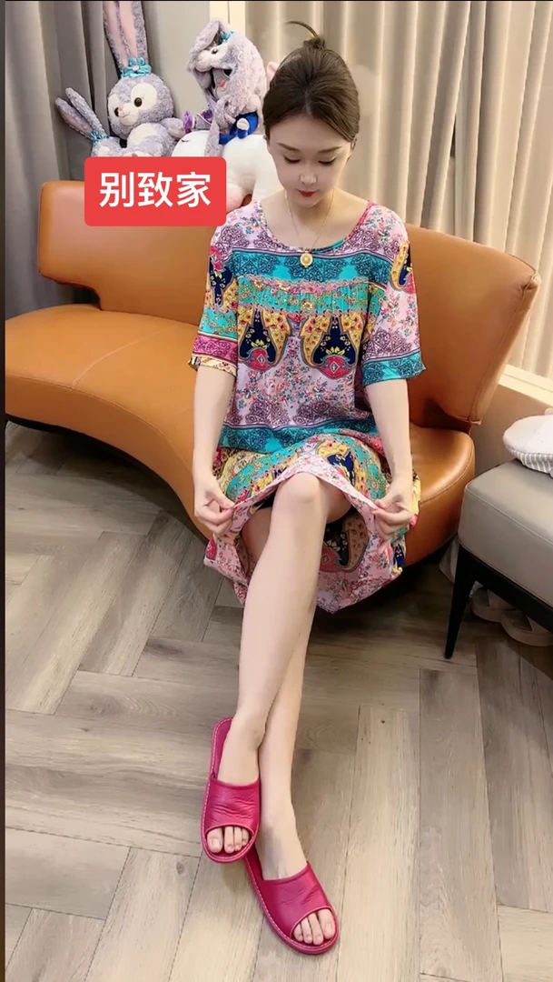 夏季宽松版透气短袖绵绸家居服睡裙女款