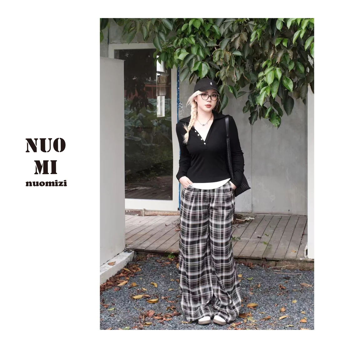 ZOZ糯米子[格调管理局]美式复古阔腿裤格子显瘦收腰宽松慵懒裤子