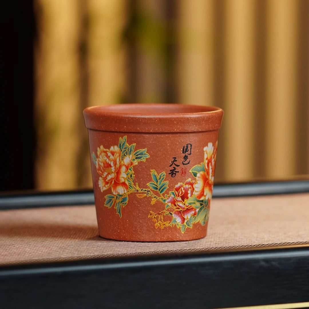 宜兴原矿紫砂手工手绘国色天香全手工高端主人杯品茗杯