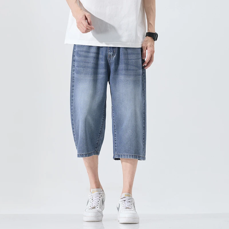 天丝牛仔短裤男2025夏季薄款美式宽松直筒阔腿垂感透气休闲七分裤