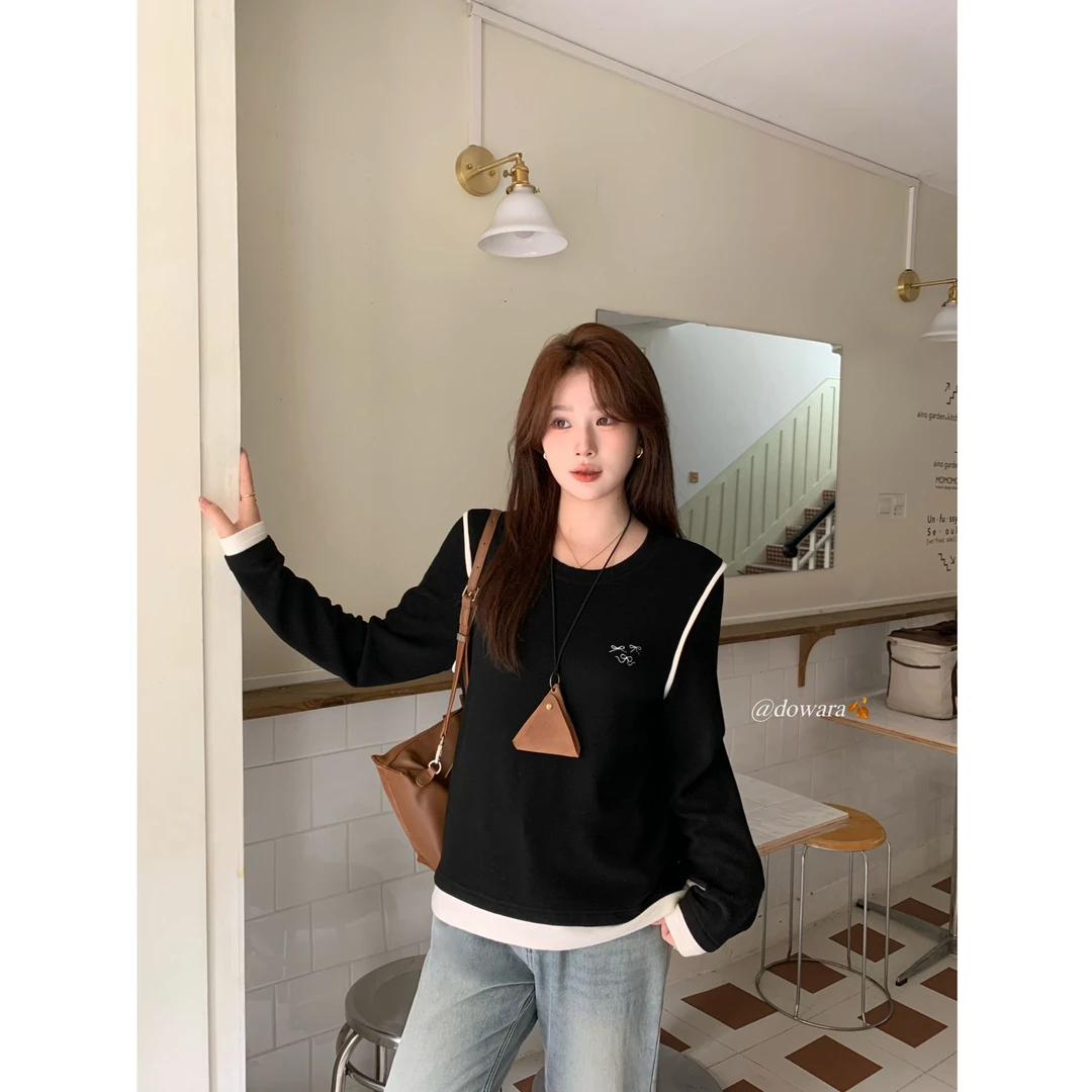 现货大婉酱千千微胖定制 撞色圆领假两件T恤德绒长袖上衣女7526D