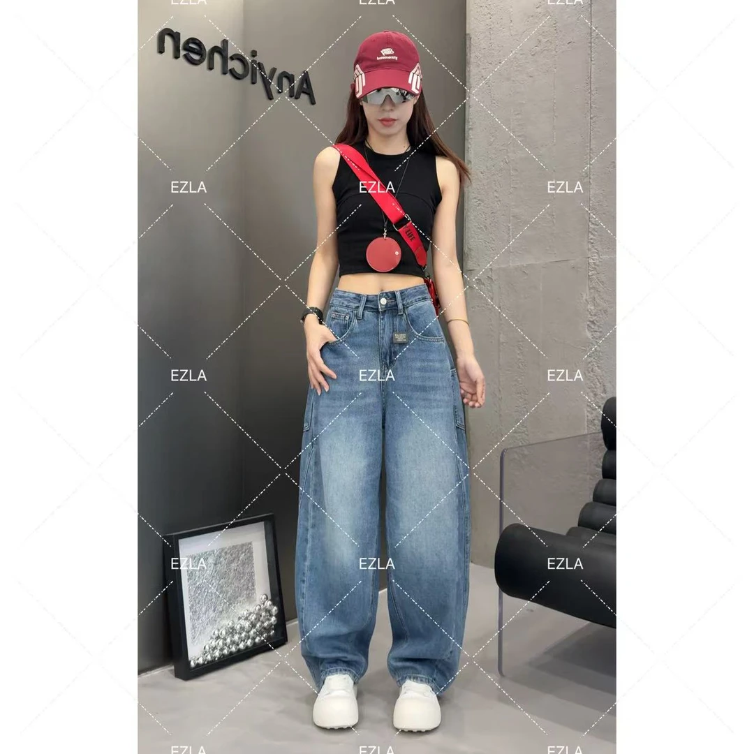 EZ8586-美式复古新款宽松显瘦慵懒休闲老爹弯刀牛仔裤百搭