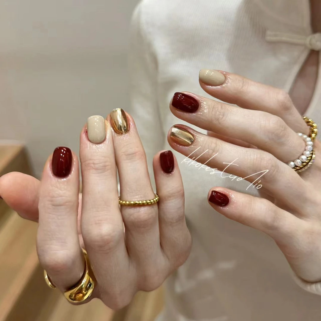 【新年美甲】实拍纯手工穿戴甲片手作高级简约酒红跳色魔镜可拆卸