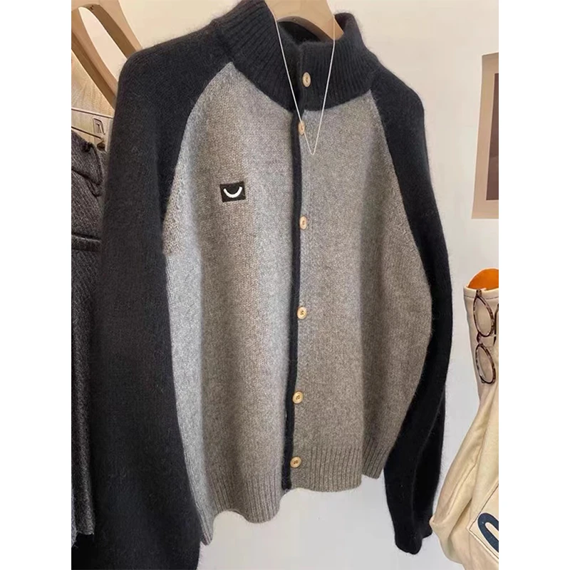 设计感撞色半高领针织衫插肩袖拼接减龄毛衣宽松休闲上衣女