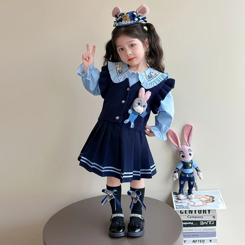 女童秋装套装新款韩版宝宝半身裙学院风春秋款儿童兔子警官衣服