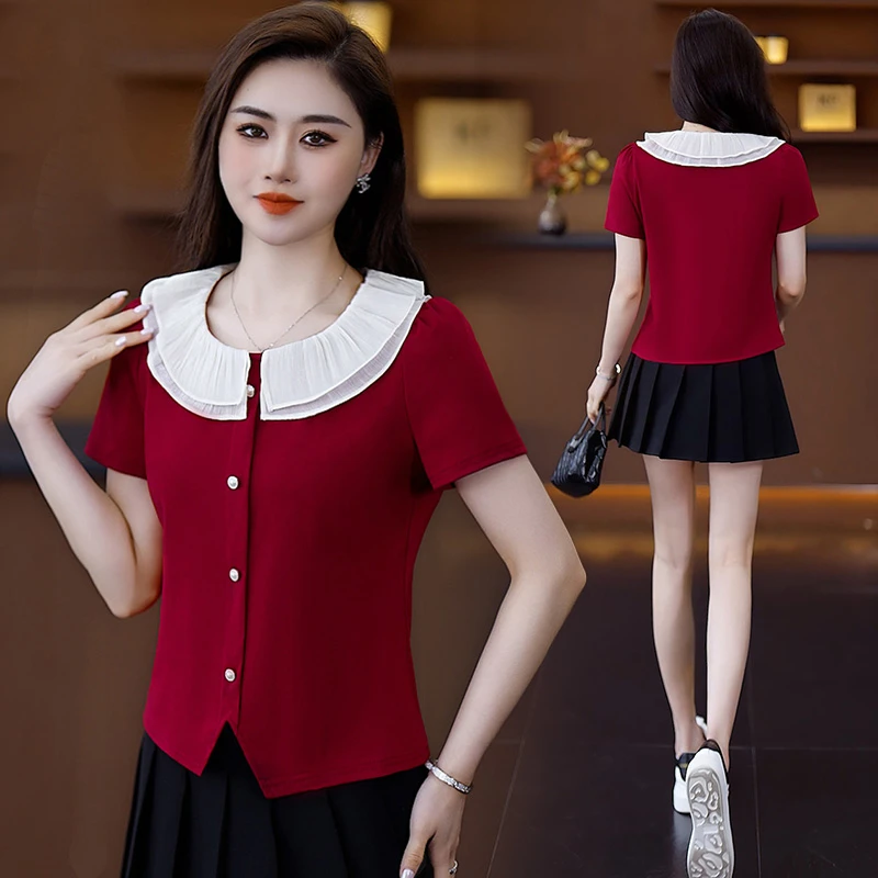夏季短袖韩版纯色短款修身T恤小众通勤洋气设计感夏装娃娃领上衣