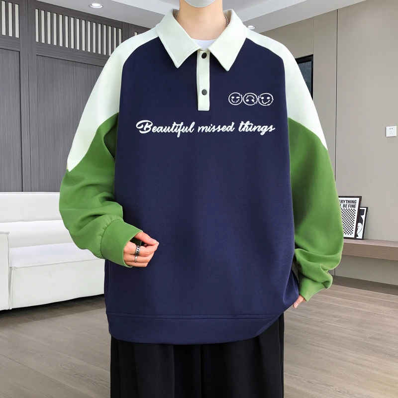 1新款青少年学生长袖秋季拼接男生插肩袖印花卫衣卫衣翻领ins上衣