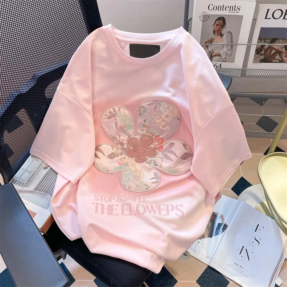 大码300斤韩系粉色花朵贴布绣短袖纯棉T恤女2025新款休闲百搭上衣