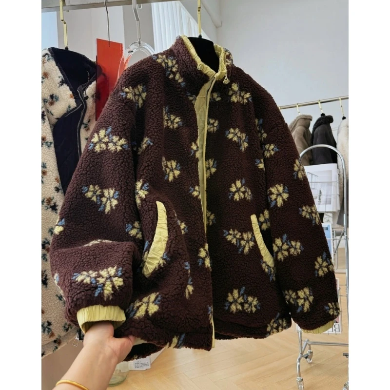 韩系高级感巨好看的慵懒风宽松休闲小碎花毛茸茸立领外套女冬季