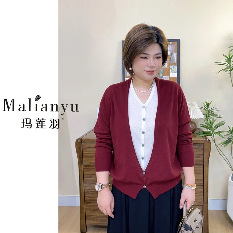 玛莲羽大码新款秋冬假两件套头开衫上衣撞色针织衫百搭V领7057