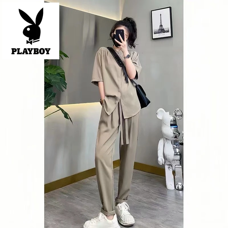 花花公子新款男士轻奢休闲冰丝套装新中式衬衫痞帅宽松垂感两件套