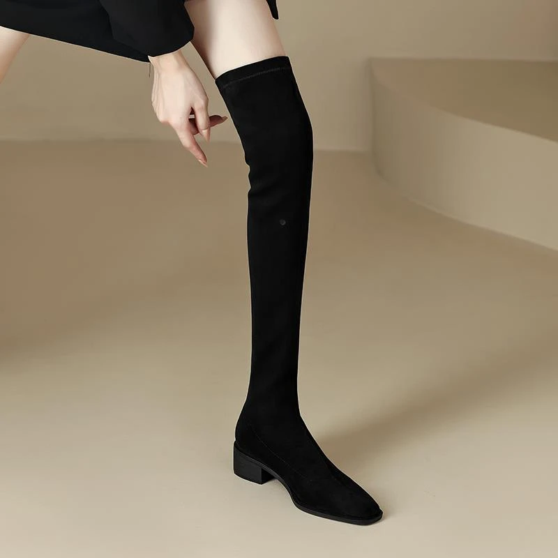 过膝长靴女粗跟2025新款法式方头弹力瘦腿长筒靴大尺码中跟高筒女