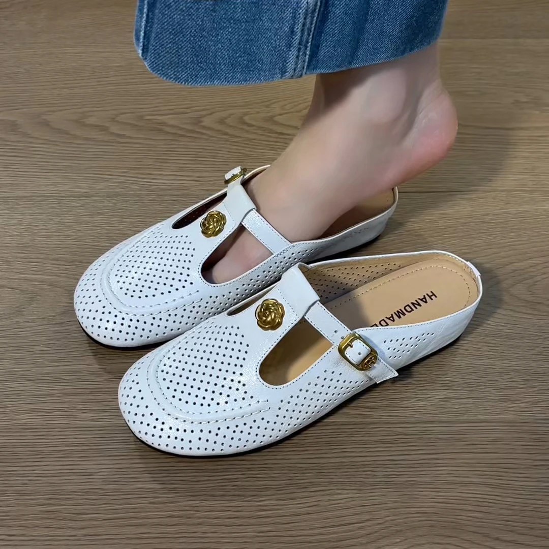 新款舒适透气镂空包头半托夏季百搭软底头层手抓羊皮增高半拖鞋女