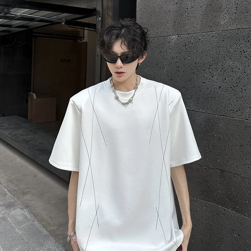 美式缉明线设计感垫肩短袖T恤衫男潮流百搭休闲宽松痞帅五分上衣