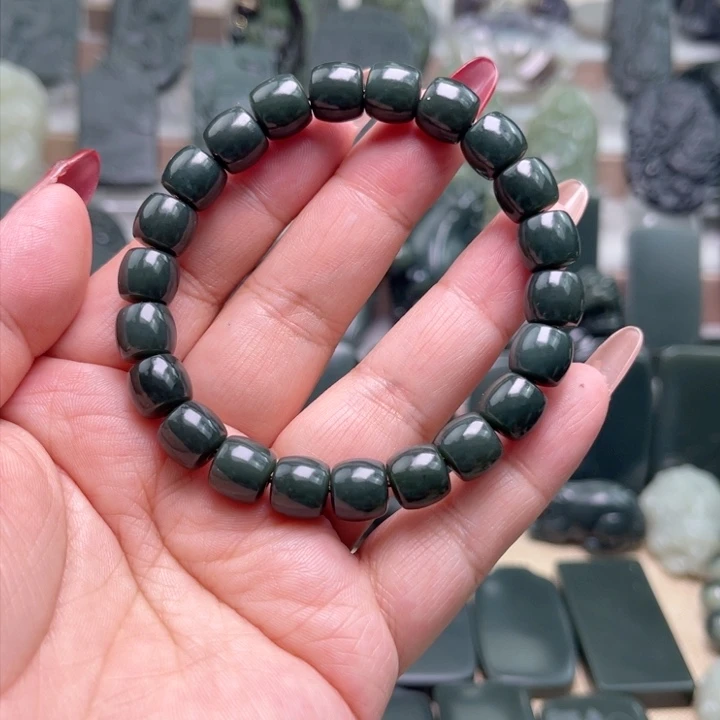 和田玉（青玉）卡10直切手链未镶嵌