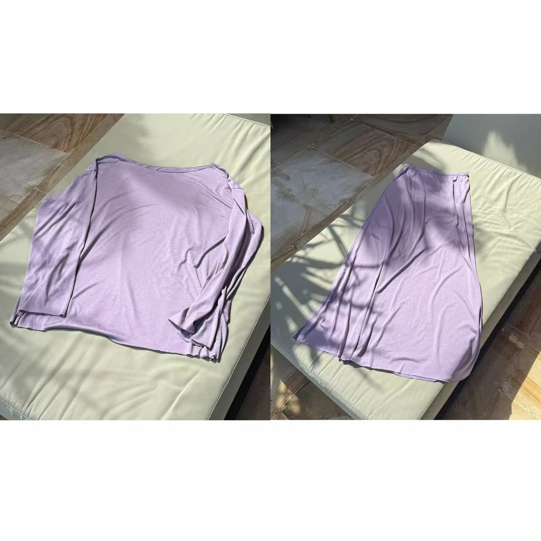 MYL 2025夏季新品丝棉紫色半身裙T恤长袖松紧腰半身裙休闲套装