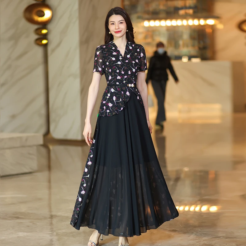 时尚拼接新款碎花长款连衣裙夏季显瘦2025气质长裙裙子新中式大摆