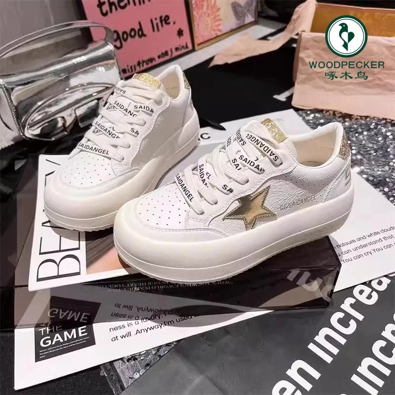 啄木鸟韩版小白鞋面包百搭厚底松糕运动鞋女鞋大头星星亮片小脏鞋