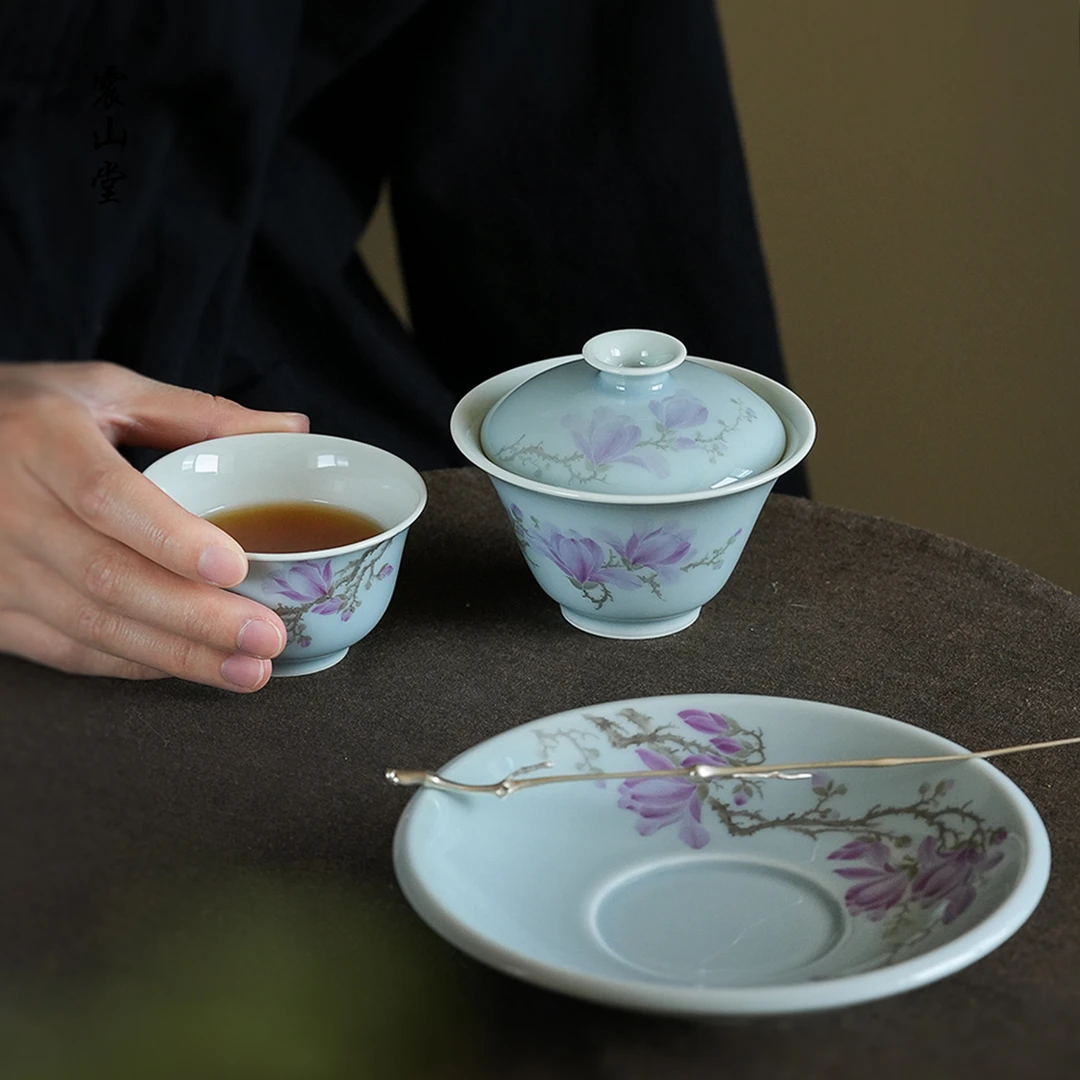 震山堂手绘盖碗陶瓷套装单个大号家用玉兰花泡茶碗天蓝釉精美茶具