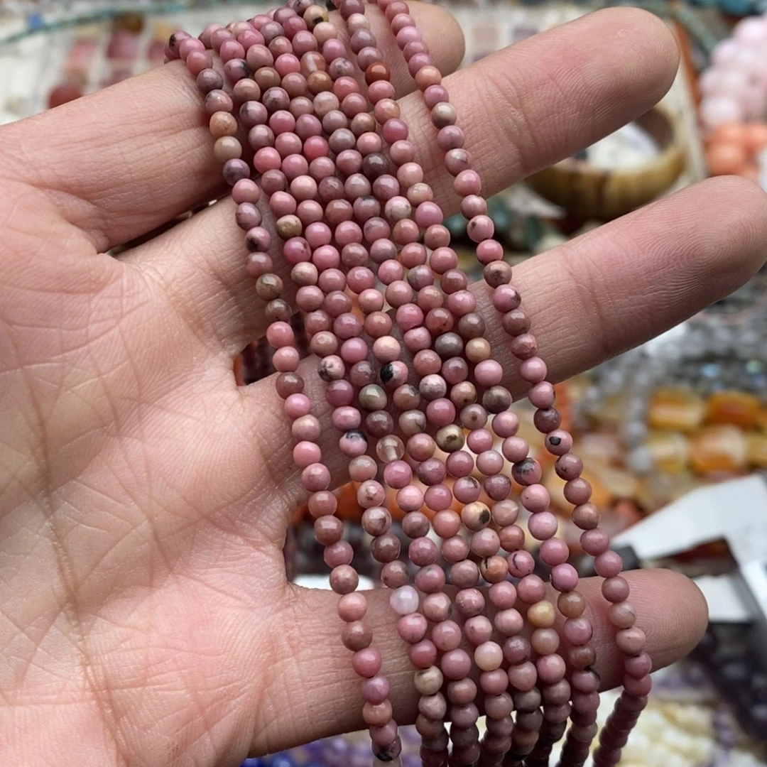 玛瑙/玉髓未镶嵌珠宝半成品一条纯天然3.4mm粉蔷薇石圆珠