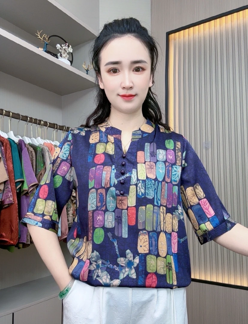 富贵琉璃夏季中袖高端时尚洋气遮肚显瘦百搭气质宽松休闲上衣夏装