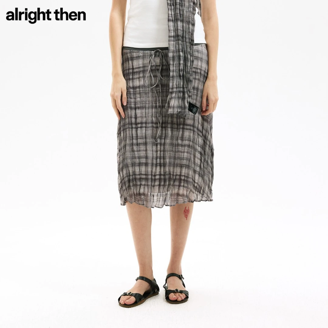 alright then复古灰色不规则格纹印花苎麻立体压褶抽绳直筒半裙
