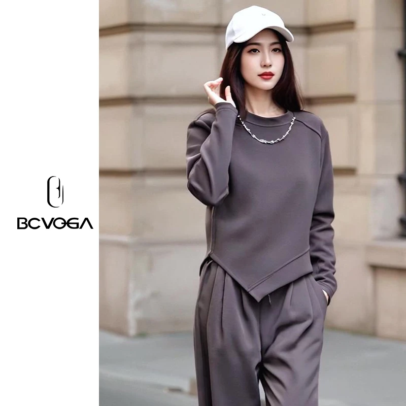 BCVOGA气质洋气时尚衣服短款卫衣宽松休闲百搭纯色圆领长袖秋季
