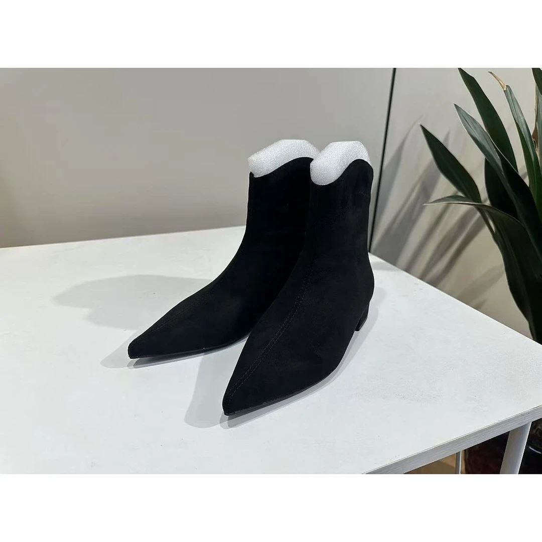 粗跟方头绒面马丁靴女鞋2024秋冬季加绒复古法式短靴子S4-352-1