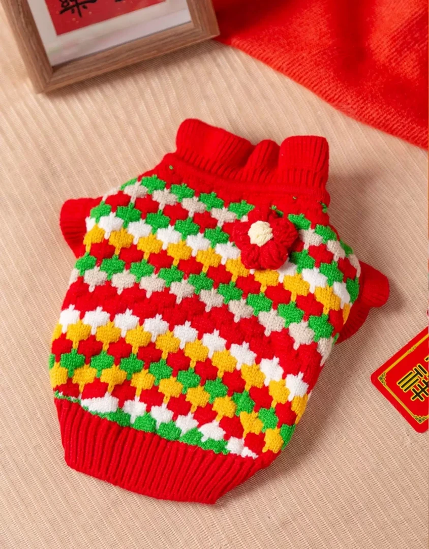 秋冬季公主风立体小花彩条宠物针织狗狗猫咪布偶英短泰迪博美毛衣