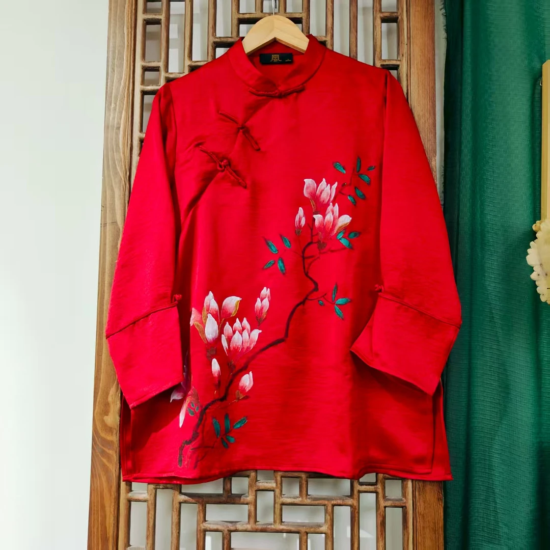 (HY1089) 凤徕兮私人定制红色光板手绘花盘扣小立领打底上衣