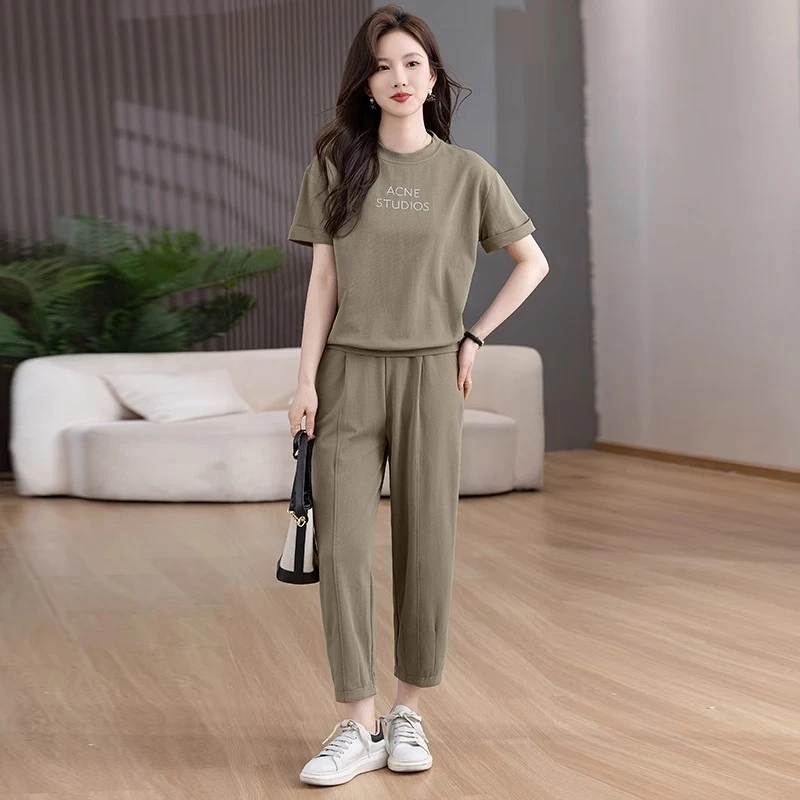 休闲运动套装女夏季2025新款时尚短袖字母萝卜九分裤跑步两件套潮