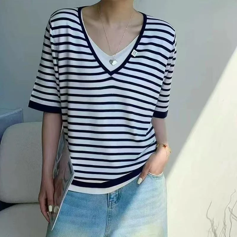 丽丽家~白条纹短袖黑显瘦时尚休闲百搭夏季上衣撞色293