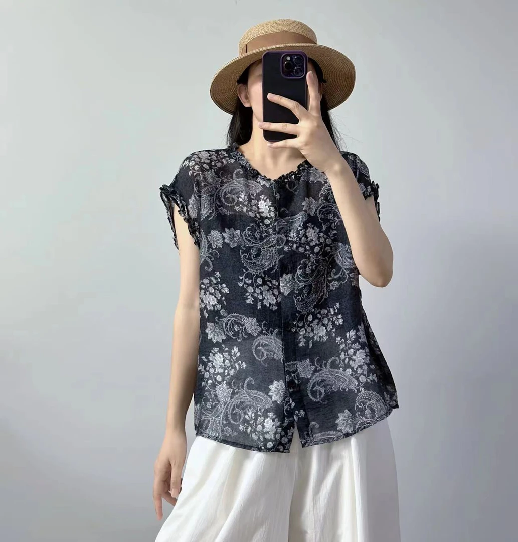 天丝亚麻复古印花衬衫女2025夏季圆领宽松显瘦百搭花边袖衬衣上衣