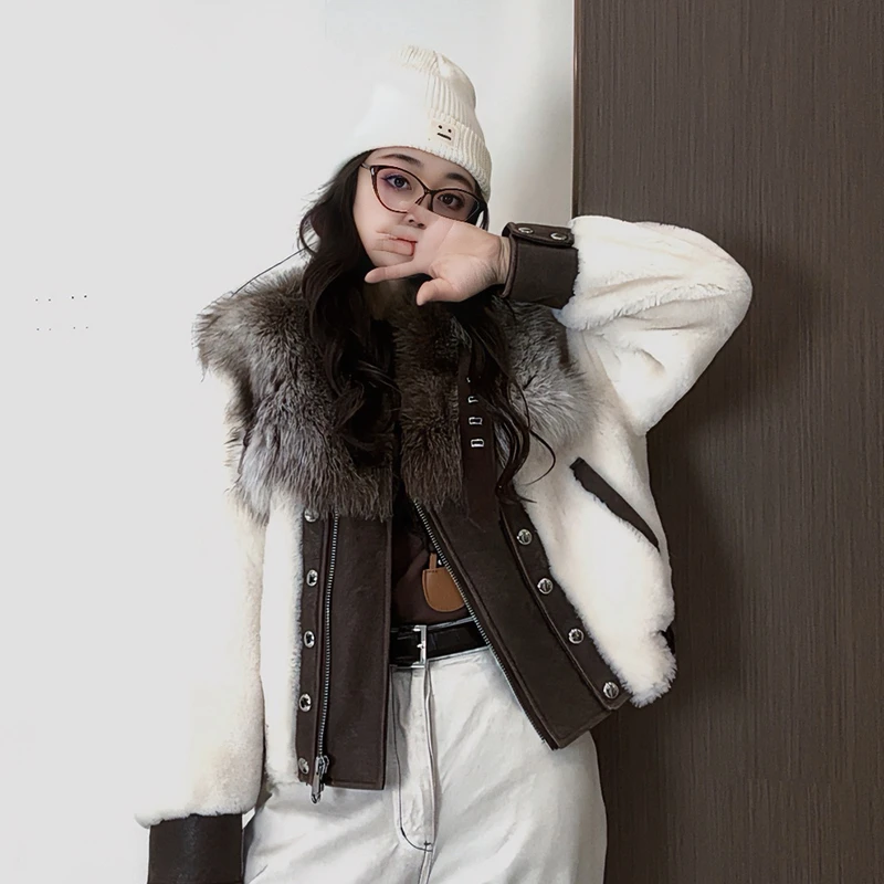 2025新款网红同款真皮皮毛一体女拉链短款显瘦狐狸毛领皮草外套潮