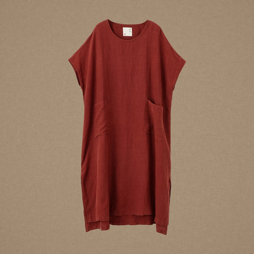 【以之】设计师品牌前短后长亚麻袍子圆领口袋宽松大版短袖连衣裙