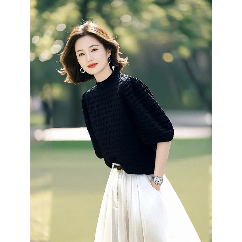 新款设计感小众休闲镂空菠萝纹上衣女2025夏季时尚温柔风黑色短袖