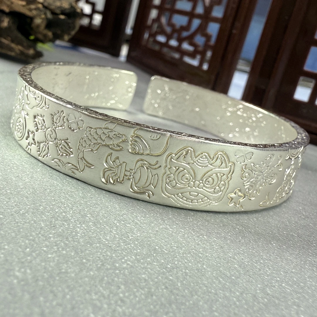 足银手镯 满錾平打吉言手镯足银999