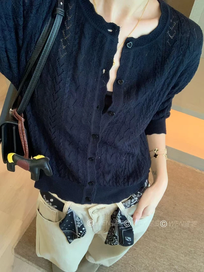 WEN 25新款韩版纯色休闲圆领镂空上衣针织衫WWM0279
