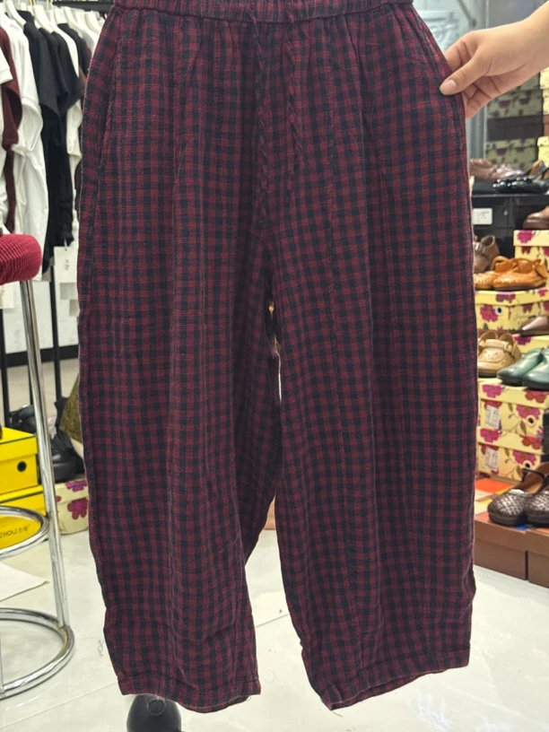 夏季日系休闲时尚宽松格子阔腿裤格子裤