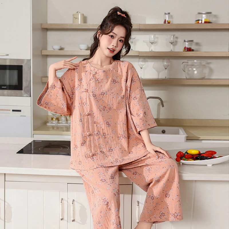 睡衣女纯棉100%全棉薄款家居服胖m200-300斤春夏大码短袖印花套装