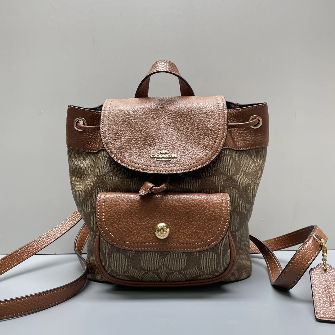 95新 COACH/蔻驰 棕色老花迷你双肩包20*21*10cmMB121010