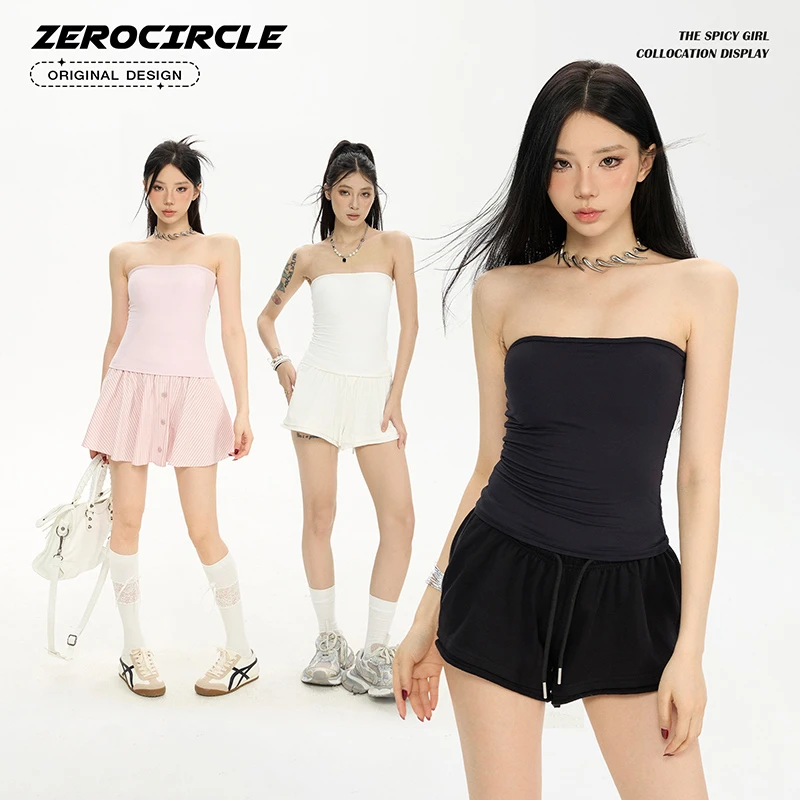 野生zerocircle黑粉白色抹胸女夏季新款修身带胸垫热辣妹无袖上衣