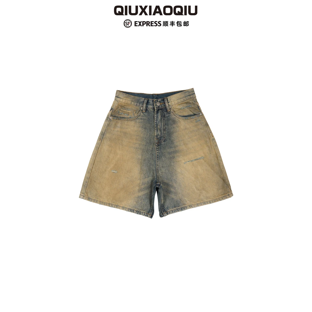 【Qiuxiaoqiu】重工渐变水洗做旧泥染刀割破洞复古美式牛仔短裤男潮